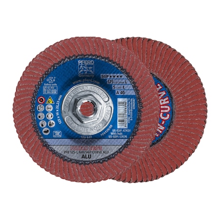 Pferd 5" x 5/8-11 Thd. POLIFAN Flap Disc - A SGP CURVE STEELOX, Aluminum oxide, 40 Grit, Large Radius 67676